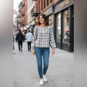 Reformation Jeans Aya Plaid Ruffle Button-Front Top Gray Cream XS